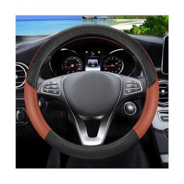 Imagem de Sandfren Capa de volante de carro, protetor de volante de couro respirável de 37-38 cm com forro antiderrapante, acessórios de decoração de interiores automotivos, ajuste universal (preto/café)