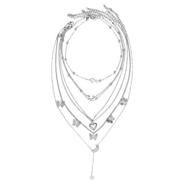 Imagem de 6 peças delicadas em camadas com pingente de borboleta, estrelas, lua, cruz, pérola, coração, corrente de ouro, ajustável, empilhável, dourado, gargantilha, conjunto de joias para presente para