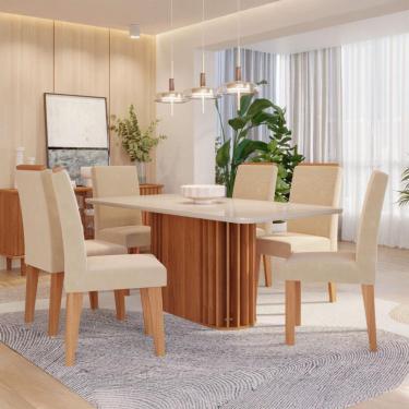 Imagem de Conjunto de Mesa Retangular com Tampo de Vidro Off White Julieta e 6 Cadeiras Tais e Maia Suede Bege e Amadeirado
