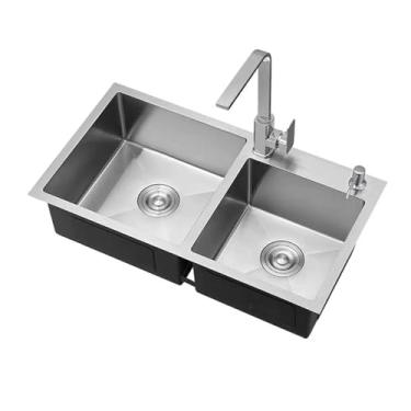 Imagem de Pia de aço inoxidável de montagem superior de cozinha com tigela dupla e suporte inferior, pia de fazenda com torneira (85 x 45 cm)