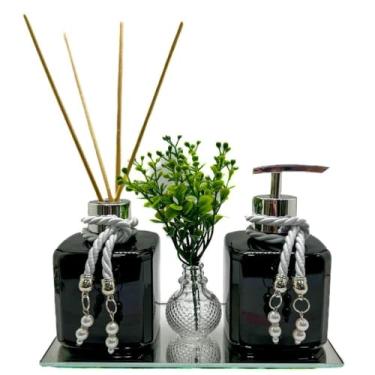 Imagem de Kit Lavabo Frascos Turmalina PET – Conjunto de Difusor, Sabonete Líquido, Álcool Gel e Decoração(PRETO,PRETO)