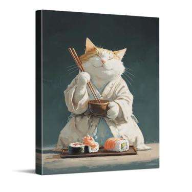 Imagem de CYFDYVT Linda ilustração de retrato de gato sushi estilo japonês adorável impressão de arte de parede de animal de estimação para cozinha, sala de jantar, decoração de casa, arte em tela 20 x 25 cm