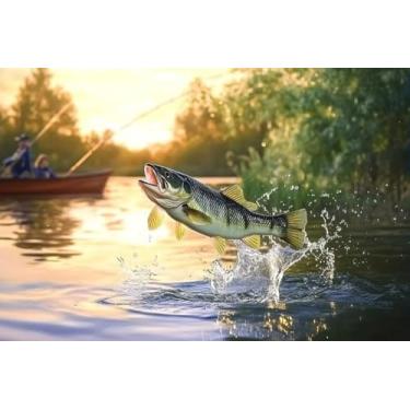 Imagem de Quebra-cabeça de pesca no lago e paisagem do pôr do sol - 300 peças para adultos | Ideal para entusiastas de pesca