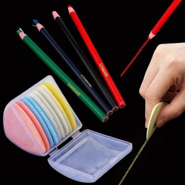 Imagem de Conjunto de marcadores de tecido laváveis com 14 peças, 10 triângulos alfaiates de giz e 4 marcadores de cera destacáveis não afiáveis com caixa de armazenamento, marcadores de giz de tecido