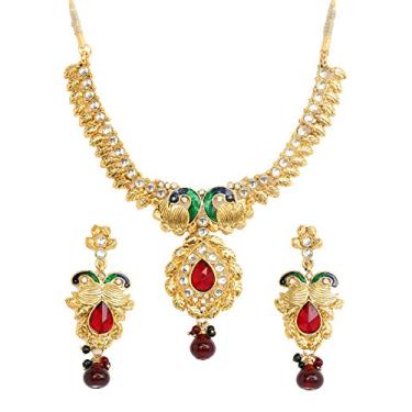 Imagem de Conjunto de colar de joias com aparência de Pavão de Rubi Sintético Bollywood Indiano Touchstone em tom dourado antigo