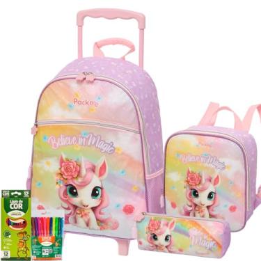 Imagem de Kit Mochila Escolar Infantil com Rodinhas de Unicórnio, Lancheira Térmica e Estojo