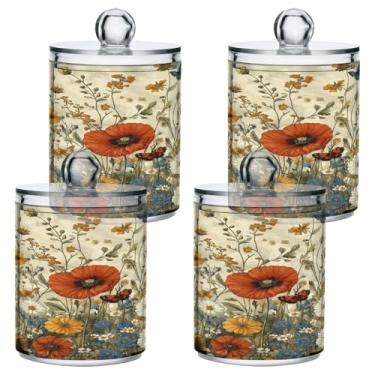 Imagem de ATTX Flores silvestres e borboletas (1) dispensador de suporte Qtip para bola de algodão, cotonete, frasco de boticário de plástico transparente, pote de armazenamento de cozinha para decoração de