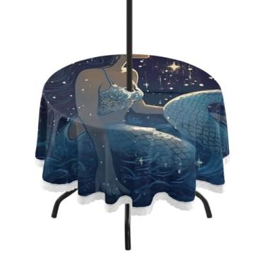 Imagem de ATTX Linda toalha de mesa redonda sereia para uso ao ar livre – 152 cm, impermeável, à prova de derramamento, uso interno/externo, com orifício para guarda-chuva com zíper para acampamento, piquenique