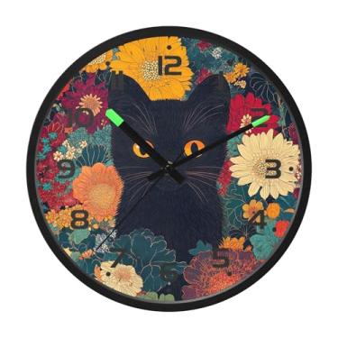 Imagem de SEHANY Relógio de parede engraçado de gato preto silencioso sem tique-taque, relógio redondo operado por bateria 30,5 cm, controle de som, luz noturna, relógios de parede para sala de estar, cozinha