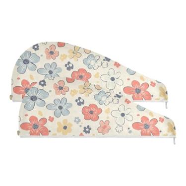 Imagem de SEHANY Toalha de cabelo de microfibra de flores coloridas elegantes para mulheres, 2 peças, turbantes de cabelo de secagem rápida com botão, touca de cabelo seco absorvente toalha de secagem de cabelo