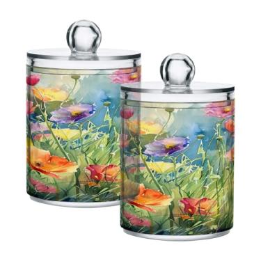 Imagem de ATTX Dispensador de suporte Qtip com estampa de flores em aquarela para bola de algodão, cotonete, frasco de boticário transparente, decoração de casa, pote de armazenamento de cozinha, pacote com 2