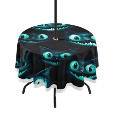 Imagem de ATTX Toalha de mesa redonda azul neon olho de gato ao ar livre – 152 cm, à prova d'água, à prova de derramamento, uso interno/externo, com orifício para guarda-chuva com zíper para acampamento