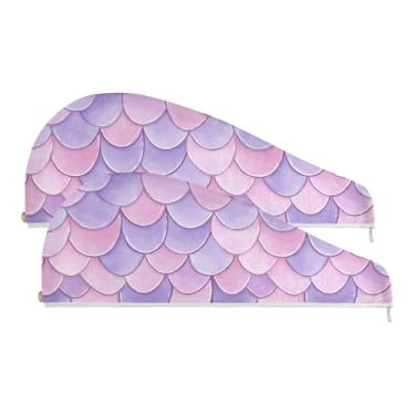 Imagem de SEHANY Toalha de cabelo de microfibra roxa pálida escamas de sereia para mulheres, 2 peças, turbantes de cabelo de secagem rápida com botão, touca de cabelo seco absorvente toalha de secagem de cabelo