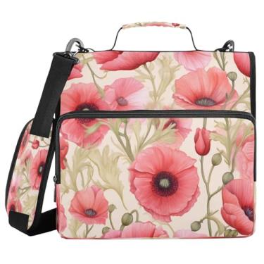 Imagem de Blueangle Pasta com zíper de flor de papoula rosa, bolsa de 3 anéis de 3 anéis, comporta 500 páginas, organizador de zíper com vários bolsos com alça ajustável e alça (156)