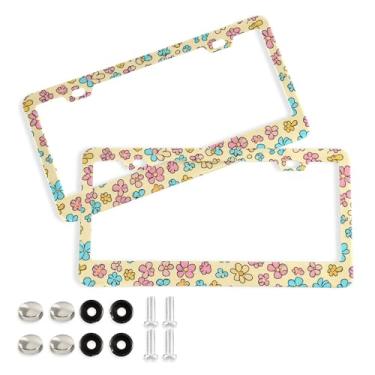Imagem de SEHANY Molduras de placa de licença de flores florais coloridas, capas de moldura de placa de carro de alumínio à prova de ferrugem com orifícios elípticos e parafusos serve para veículos padrão dos