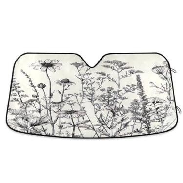 Imagem de ATTX Pára-brisas de carro flores pretas e brancas 134.6 cm x 59.7 cm Protetor solar universal com proteção UV, persiana de janela frontal automática dobrável para caminhões Sedans SUVs #7