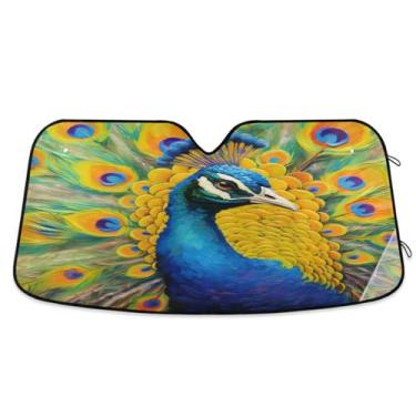 Imagem de ATTX Pintor a óleo de pavão pára-brisas para carro 134.6 cm x 59.7 cm escudo solar universal com proteção UV, persiana de janela frontal automática dobrável para sedãs SUVs caminhões #515