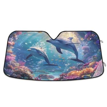 Imagem de ATTX Para-brisa de carro Ocean Dolphins 144.8 cm x 80.0 cm Escudo solar universal com proteção UV, persiana de janela frontal automática dobrável para caminhões Sedans SUVs #272