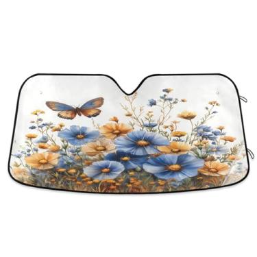 Imagem de ATTX Blue Wildflowers para-sol para para-brisas de carro 139.7 cm x 70.1 cm Protetor solar universal com proteção UV, persiana de janela frontal automática dobrável para caminhões Sedans SUVs #575