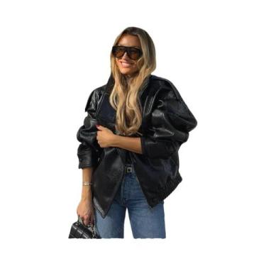 Imagem de Jaqueta De Couro Feminina Estilo Piloto Em PU Sintético Com Zíper E Go