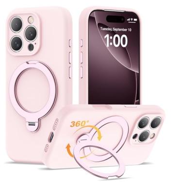 Imagem de LEKMOTIN Capa compatível com iPhone 16 Pro de 6,3 polegadas com suporte magnético giratório 360 [compatível com Mag-Safe] Capa de silicone líquido macio 16 Pro para homens e mulheres, rosa