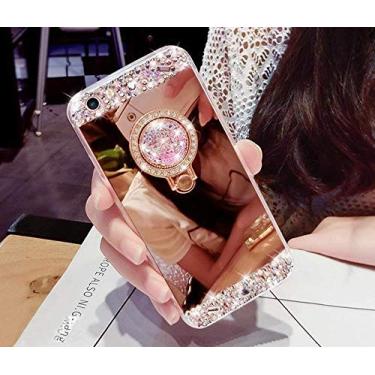 Imagem de Capa espelhada com glitter para Samsung Galaxy A6 2018, Gostyle Bling diamante brilhante strass com suporte de anel, capa ultrafina transparente de silicone macio para espelho de maquiagem - ouro rosa