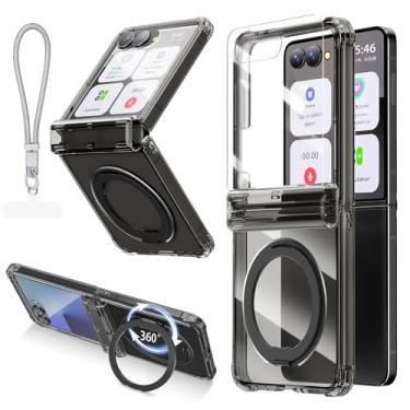 Imagem de Capa para Samsung Galaxy Z Flip 7 com protetor de tela, capa Z flip 7 com protetor de dobradiça/suporte compatível com Magsafe, capa magnética à prova de choque para Z Flip 7 com cordão, 3 espelhos