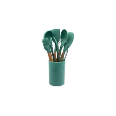 Imagem de Conjunto de Utensílios de Silicone com Cabo de Madeira, 8 Peças, Verde Claro, Inclui Concha, Colher, Espátulas, Pegador, Fuê, Pincel e Copo Suporte