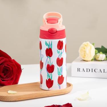 Imagem de Garrafa de água isolada a vácuo de aço inoxidável de 350 ml - copo isolado portátil à prova de vazamento com padrão de tulipa vermelha, tampa pop-up para uso diário/deslocamento