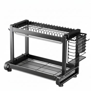 Imagem de Escorredor de Louças 2 Andares Multifuncional, Preto Fosco, Metal e Plástico, 43x27x33,5cm, para Bancada