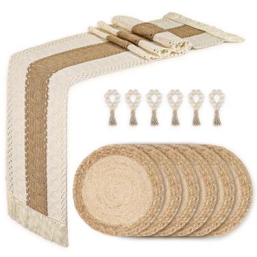 Imagem de Jogo americano conjunto de 6, pratos de carregamento naturais redondos com corredor de mesa e anéis de guardanapo, tapetes de mesa antiderrapantes resistentes ao calor para decoração de mesa de jantar