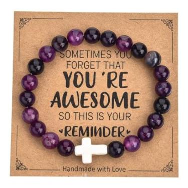 Imagem de Pulseira de cruz religiosa para mulheres e homens, joias de fé cristã, pulseira elástica de pedra natural feita à mão, One Size, Vidro, Sem Pedra Preciosa