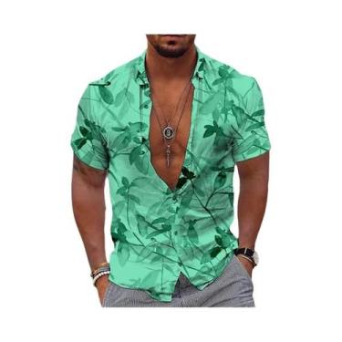 Imagem de Camisa Masculina Estilo Havaiano Com Estampa De Flores Pretas E Dourad
