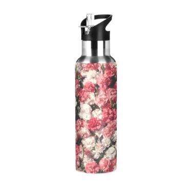 Imagem de Wassud Garrafa de água linda flor de aço inoxidável esportiva com canudo garrafas de água isoladas copo portátil de viagem 623 g