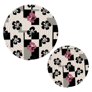 Imagem de Wassud Trivet de design de flores quadriculado para pratos quentes suportes de panela redondos de algodão almofadas quentes elegantes porta-copos decoração de cozinha e acessórios, 2 peças