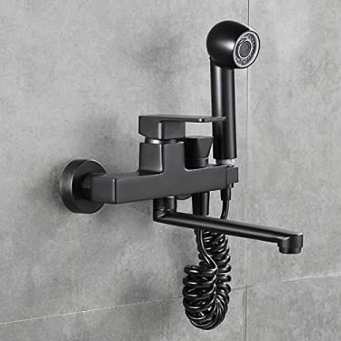 Imagem de YYBOES Torneira de cozinha torneiras de pia de cozinha montadas na parede preto dois furos pistola de pulverização latão água quente e fria torneira de pia de cozinha - 20 cm