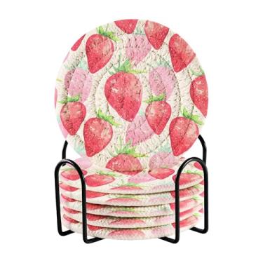 Imagem de SEHANY Conjunto de 6 porta-copos fofos de morango com suporte, porta-copos redondos absorventes de algodão resistente ao calor para mesa de jantar, canecas de café, proteção de copos, 10 cm
