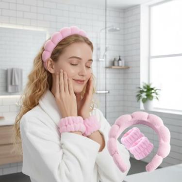 Imagem de Conjunto de faixa de cabeça e pulseiras de spa para lavar o rosto - faixa de cabelo macia de spa, faixas de cabelo de maquiagem para cuidados com a pele para pia de banheiro