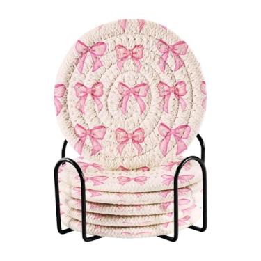 Imagem de SEHANY Conjunto de 6 porta-copos com laço rosa fofo com suporte, porta-copos redondos absorventes de algodão resistente ao calor para mesa de jantar, canecas de café, 10 cm