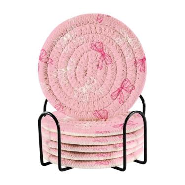 Imagem de SEHANY Conjunto de 6 porta-copos com laço rosa fofo com suporte, porta-copos redondos absorventes de algodão resistente ao calor para mesa de jantar, canecas de café, 10 cm