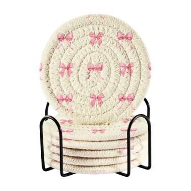 Imagem de SEHANY Conjunto de 6 porta-copos com laço rosa fofo com suporte, porta-copos redondos absorventes de algodão resistente ao calor para mesa de jantar, canecas de café, 10 cm