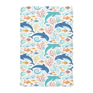 Imagem de Burbuja Lençol de berço golfinho para meninos e meninas, lençol com elástico 71 x 132 cm para colchões de berço padrão e infantil, macio e respirável