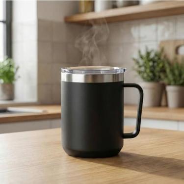 Imagem de Caneca Térmica Café 450ml com Tampa Aço Inox Parede Dupla Preto