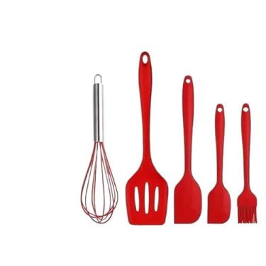 Imagem de Kit 5 Peças Utensílios de Cozinha em Silicone | Espátula Pão Duro, Colher, Fouet e Pincel | Resistente ao Calor, Antiaderente(VERMELHO)