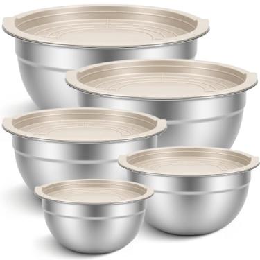 Imagem de Conjunto de 5 peças, Tigela Inox, Saladeira com Tampa, Bacia Inox com Tampa, Diâmetros: 18/20/22/24/26 cm