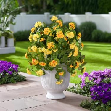 Imagem de Flores artificiais de gerânio para ambientes externos, 2 peças, flores artificiais amarelas com hastes de seda, aparência realista, arranjo floral real para varanda e varanda (2 peças amarelas)