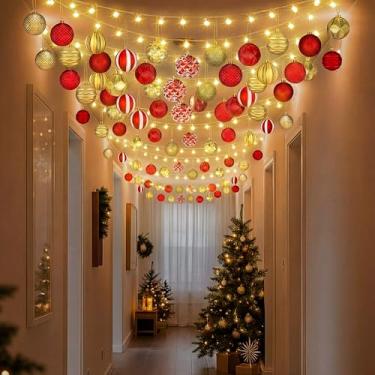 Imagem de Soulchen O kit de decorações de teto de Natal inclui 24 peças de enfeites de bolas de 40 metros com 320 LEDs e ganchos, decoração de corredor de Natal para festas de Natal, ambientes internos e