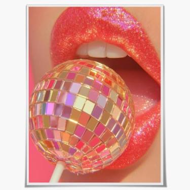 Imagem de Arte de parede em tela de pirulito com glitter labial e bola de discoteca - Pôster de impressão artística em estilo retrô rosa vibrante para quarto feminino, sala de estar, quarto, decoração