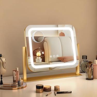 Imagem de Ratsamee Espelho de maquiagem com luzes, espelho de maquiagem de LED, espelho de maquiagem iluminado com luzes reguláveis em 3 cores, controle de tela sensível ao toque inteligente, moldura de metal