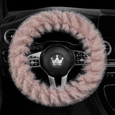Imagem de HighnessHwoo Capas de volante de inverno felpudas para mulheres, capa de roda de carro fofa e quente para F150, caminhões, jipe, van, pelúcia macia peluda, rosa, tamanho grande(39-41cm)